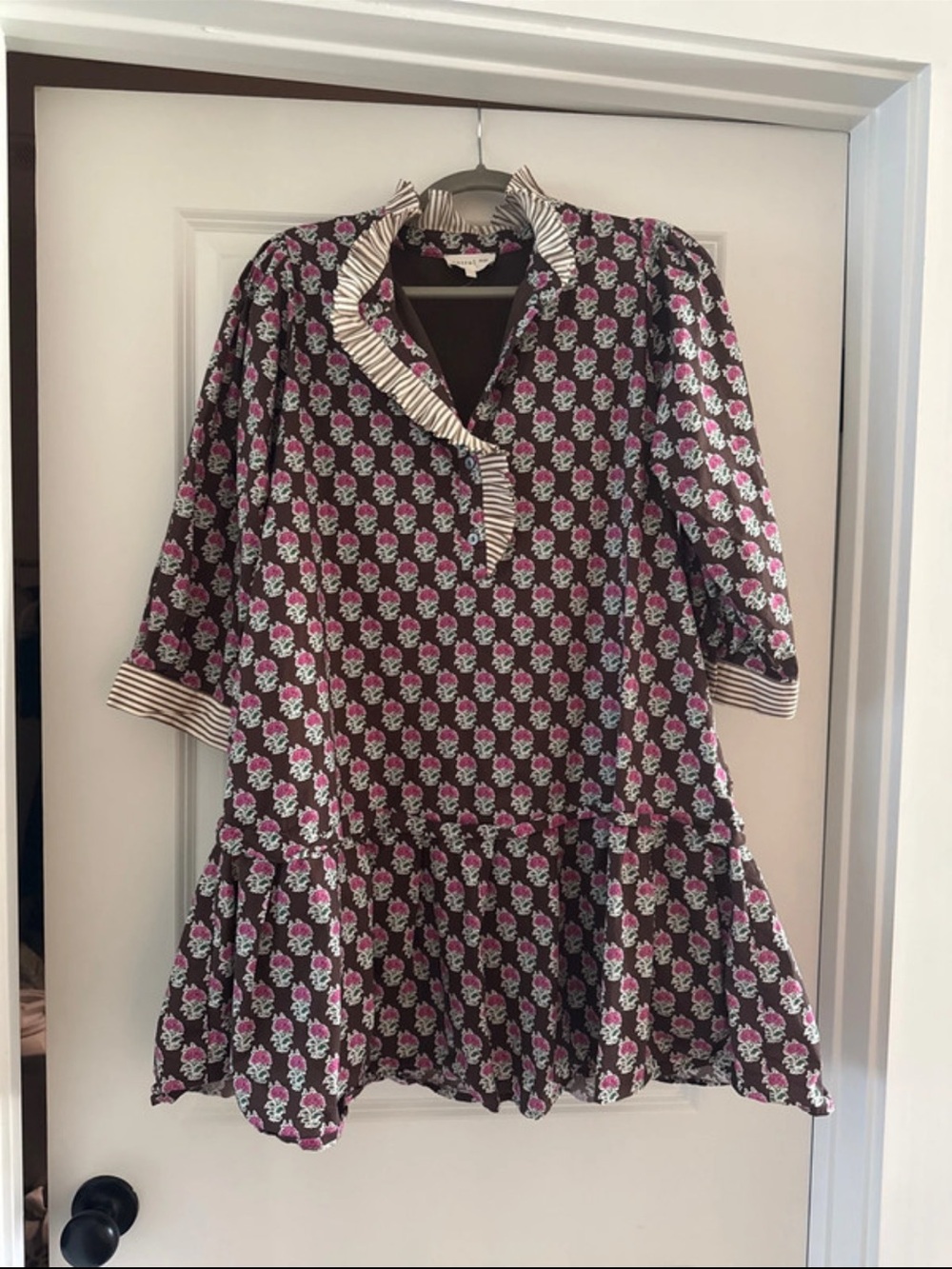 Entro Brown Floral Block Print Mini Dress L Ruffle Collar